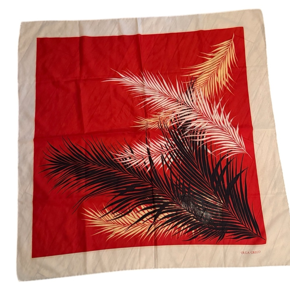 Vintage Floral Red and Black Palm Leaf SILK Scarf Olga Greco